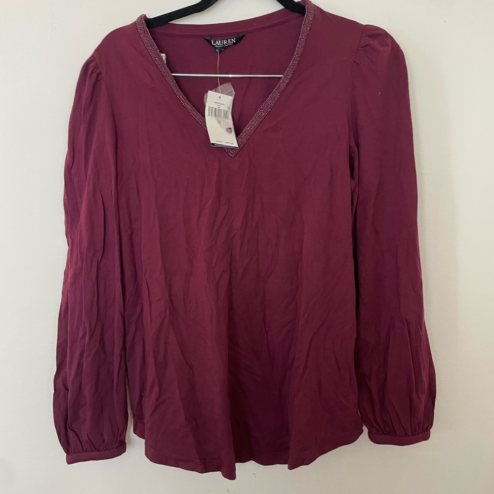 Ralph Lauren- Lauren. Beaded v neck long sleeve top in plum